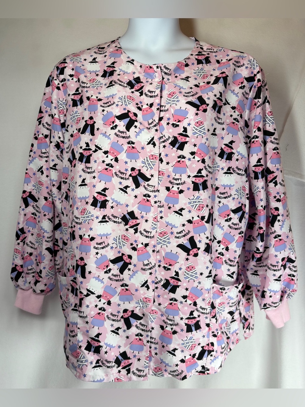 Women's Happy Halloween Whimsical Pink Scrub Jacket Snap Front Size XL